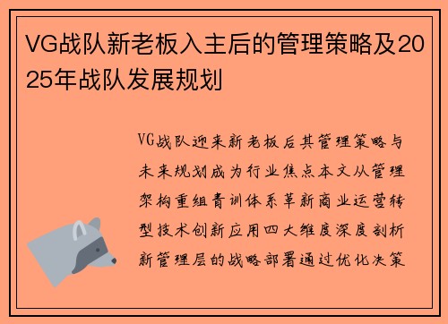 VG战队新老板入主后的管理策略及2025年战队发展规划