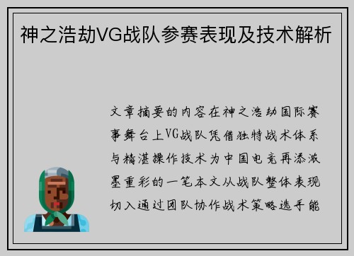 神之浩劫VG战队参赛表现及技术解析