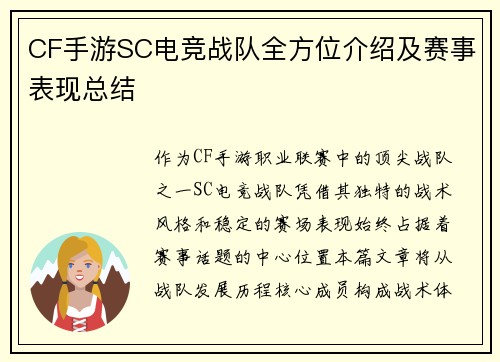 CF手游SC电竞战队全方位介绍及赛事表现总结