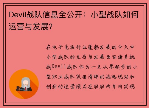 Devil战队信息全公开：小型战队如何运营与发展？